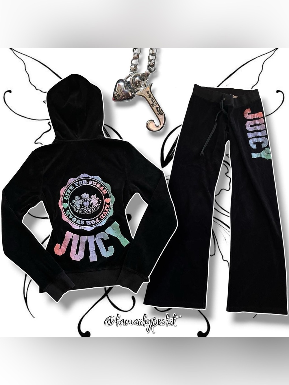 Juicy Couture Black Velour Hoodie & Pants Tracksuit Set with Pastel Rainbow Logo